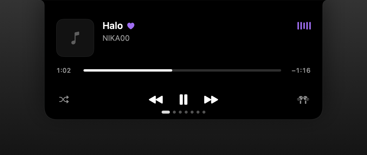 Player in the MacBook notch: artwork, track title, controls